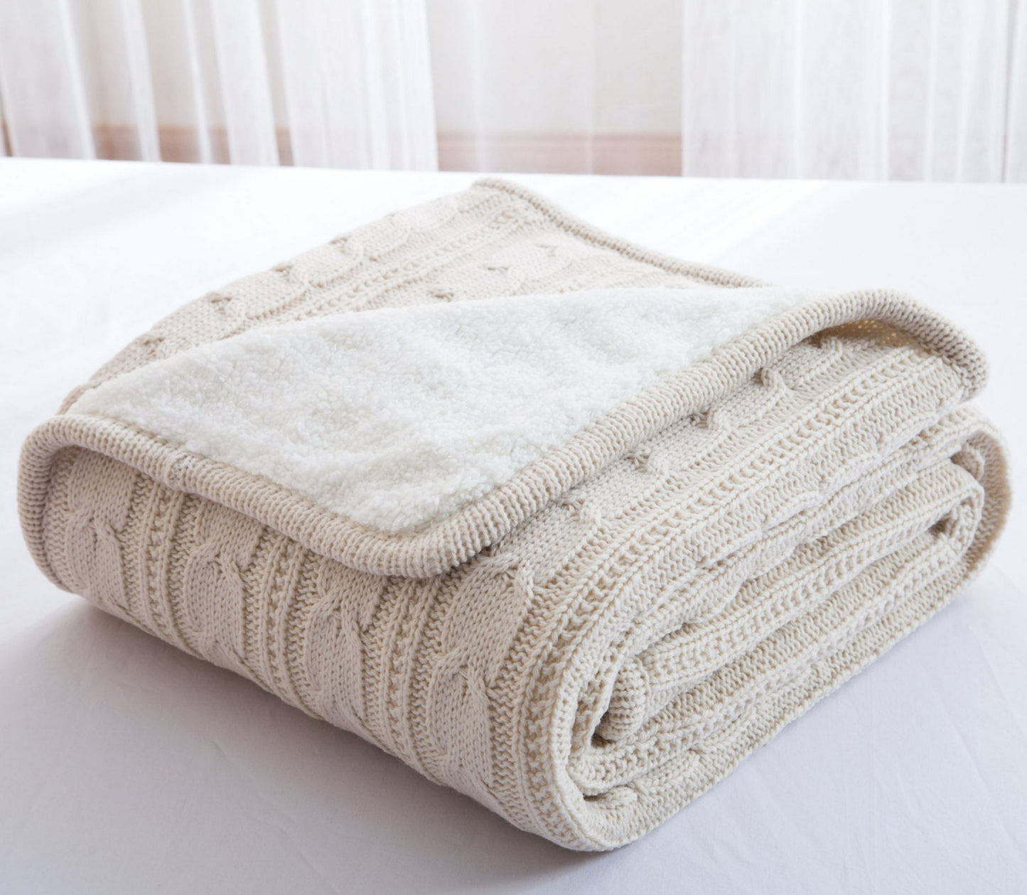 couverture laine torsade et polaire beige